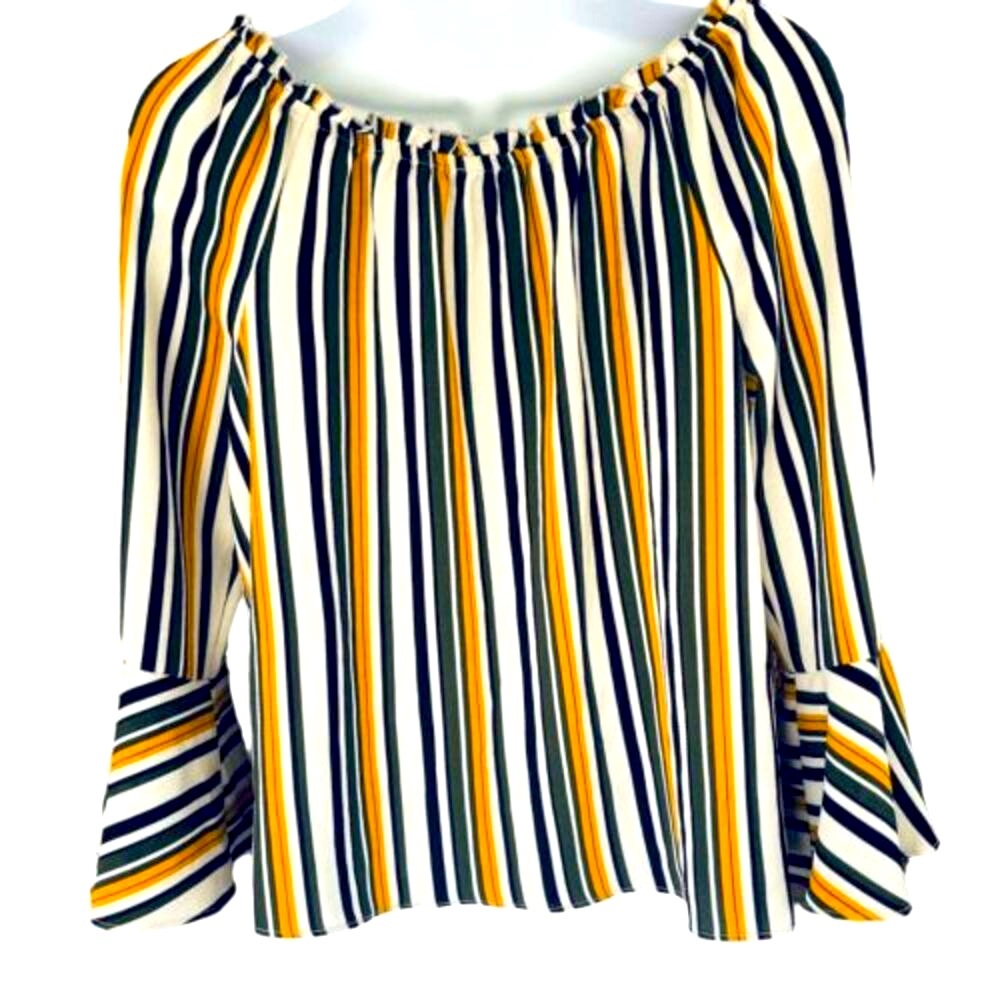 A. Byer Bell Sleeve Front Tie Boat Neck Striped Boho Blouse Top Medium - Picture 3 of 13